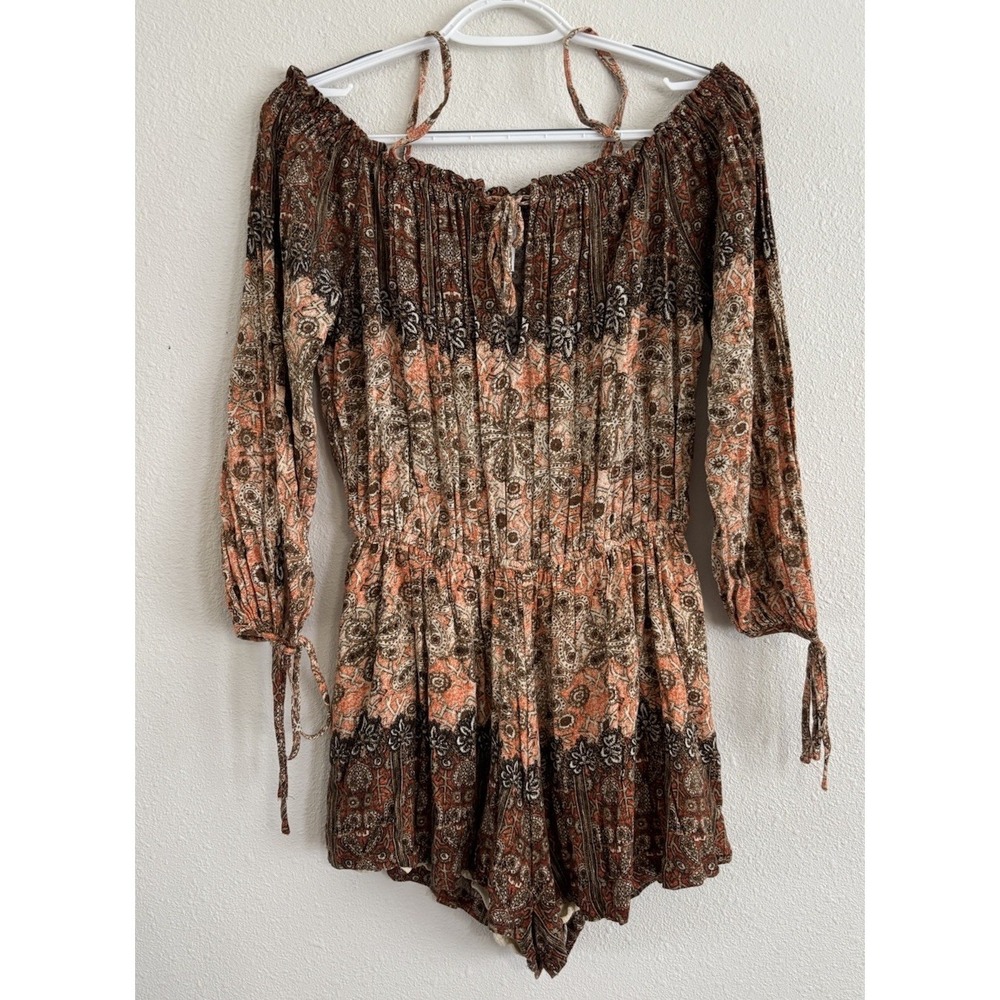 Free People Boho Floral Romper Off Shoulder Long Sleeve Tie Size M